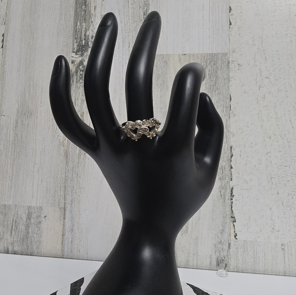 Elegant Silver Tone Double Heart Ring With Yellow Stones Size 8